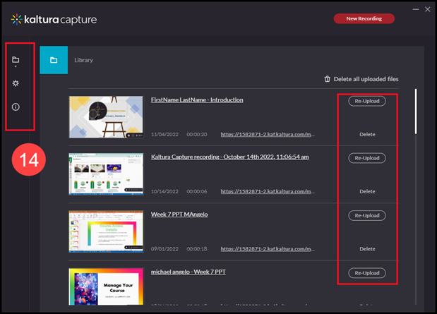 kaltura capture videos menu